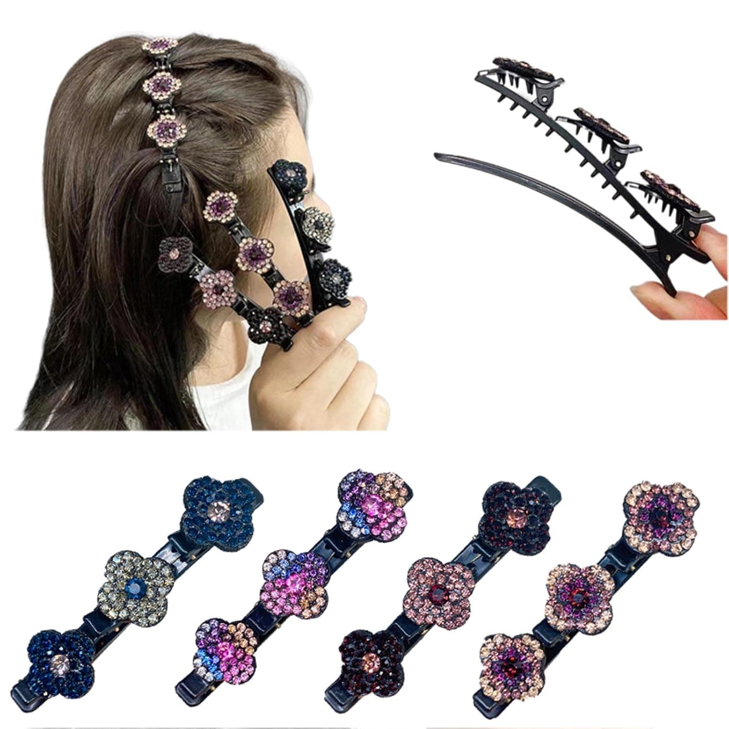 Satin Fabric Hair Bands, Four-Leaf Clover Hairpin Duckbill Clip, Hair Sectioning Clips, Sparkling Crystal Stone Braided Hair Clips, for Women Hair Styling (4PCS)