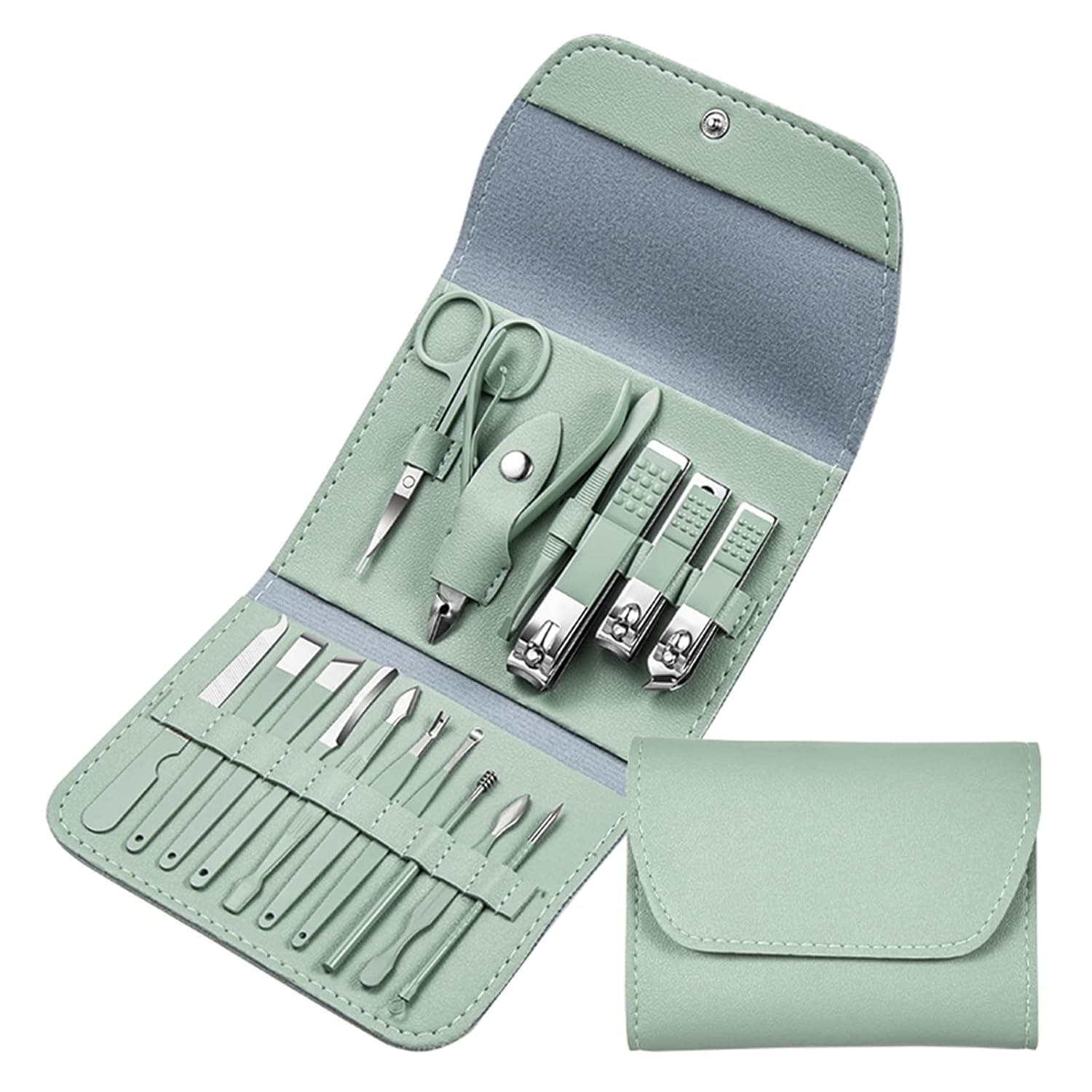 16PCS- Manicure Set, TIKYAO Stainless Nail Clipper Professional Manicure Kit, Nail Tools Manicure & Nail Kit, Nail Scissors Ear Pick Grooming Kits with Portable Travel Case- Matcha Green
