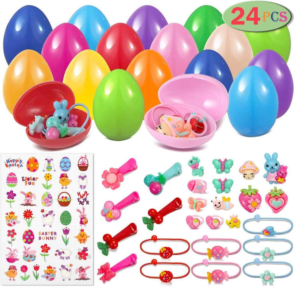 Unomor 24 Pre-Filled Easter Eggs with 24 Different Designs of Hair Clips, Hair Ties, Rings & 36 Easter Stickers Girls Dressing Accessories Easter Basket Stuffers for Girls - 2.3 Inch