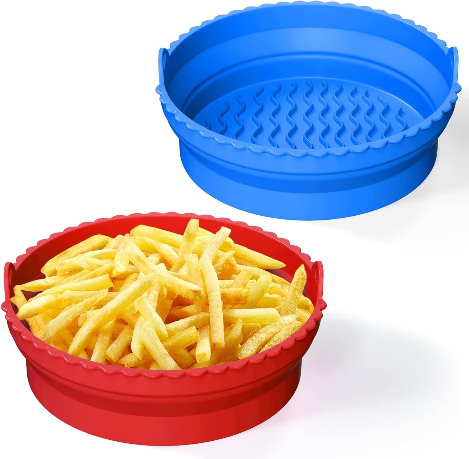Air Fryer Silicone Liners 2 Pack, VVAYHUA Foldable Air Fryer Pot Reusable 8.5" Food Safe Air Fryer Silicone Basket Easy Clean Air fryer Accessories for 5 QT or Bigger Air fryers (8.5 Inch, Red+Blue)