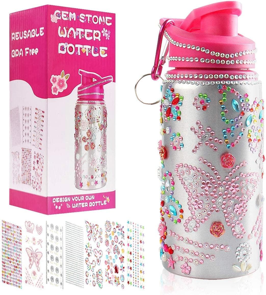 Decorate & Personalize Your Own Water Bottles for Girls with Tons of Rhinestone Glitter Gem Stickers! Reusable,BPA Free 20 oz Kids Water Bottle for Girl,Gift Idea,Fun DIY Kids Arts and Crafts Activity