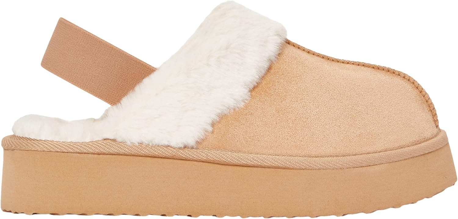 JustFab Levaine Sling-Back Sherpa Slippers for Women - Beige Faux Fur and Faux Suede Womens Slippers, Fuzzy Slippers for Women Indoor, Gifts for Women