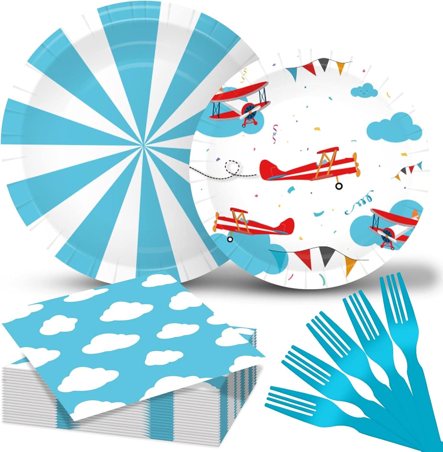 Airplane Party Supplies Tableware Set Dinner Plates Lunch Napkins Disposable Forks for Kids Blue Sky White Clouds Themed Birthday Party Paper Decorations