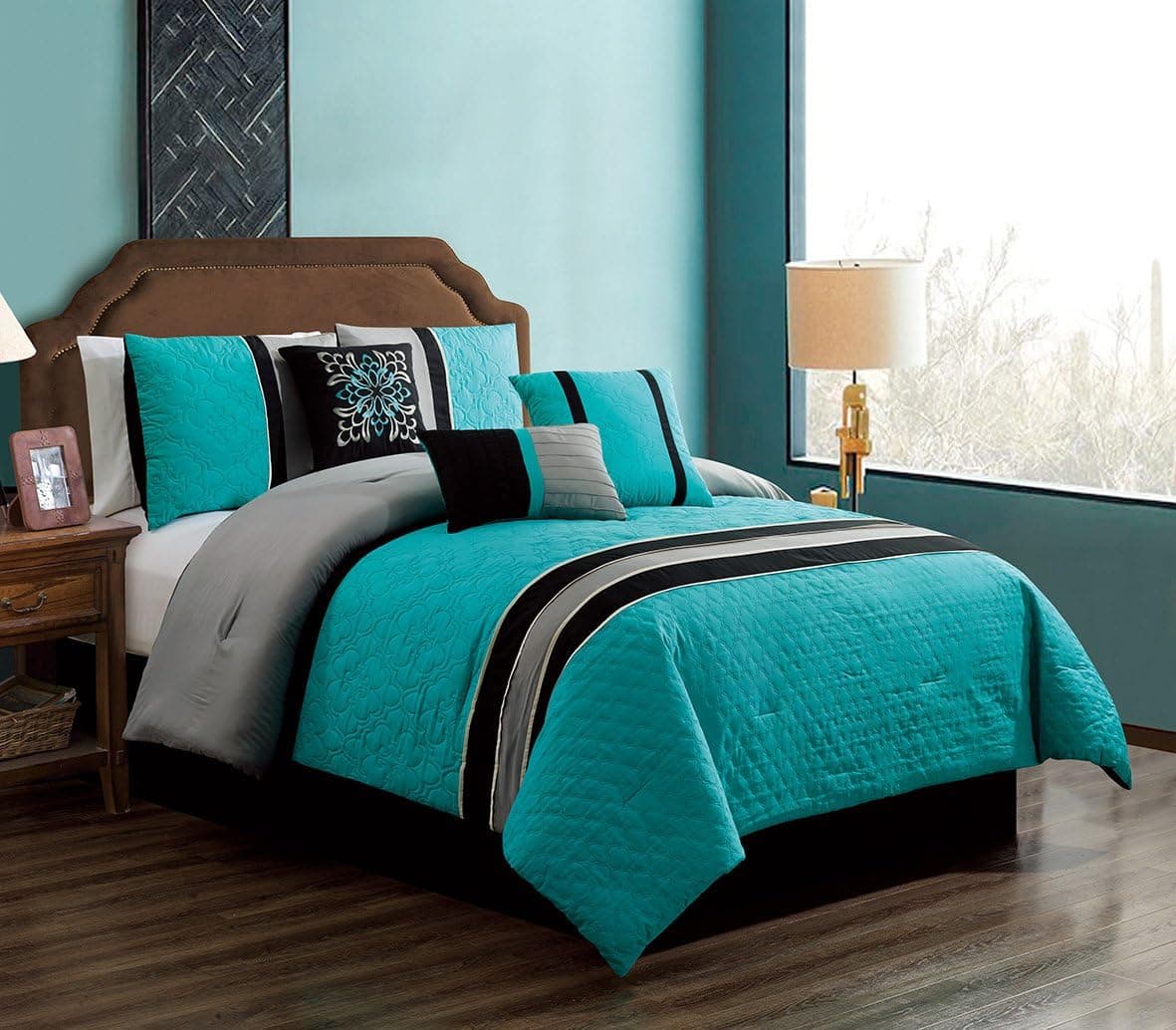 GrandLinen 7 Piece Teal Blue/Grey/Black Embroidery Bed in A Bag Microfiber Comforter Set Queen Size Bedding. Perfect for Any Bed Room or Guest Room