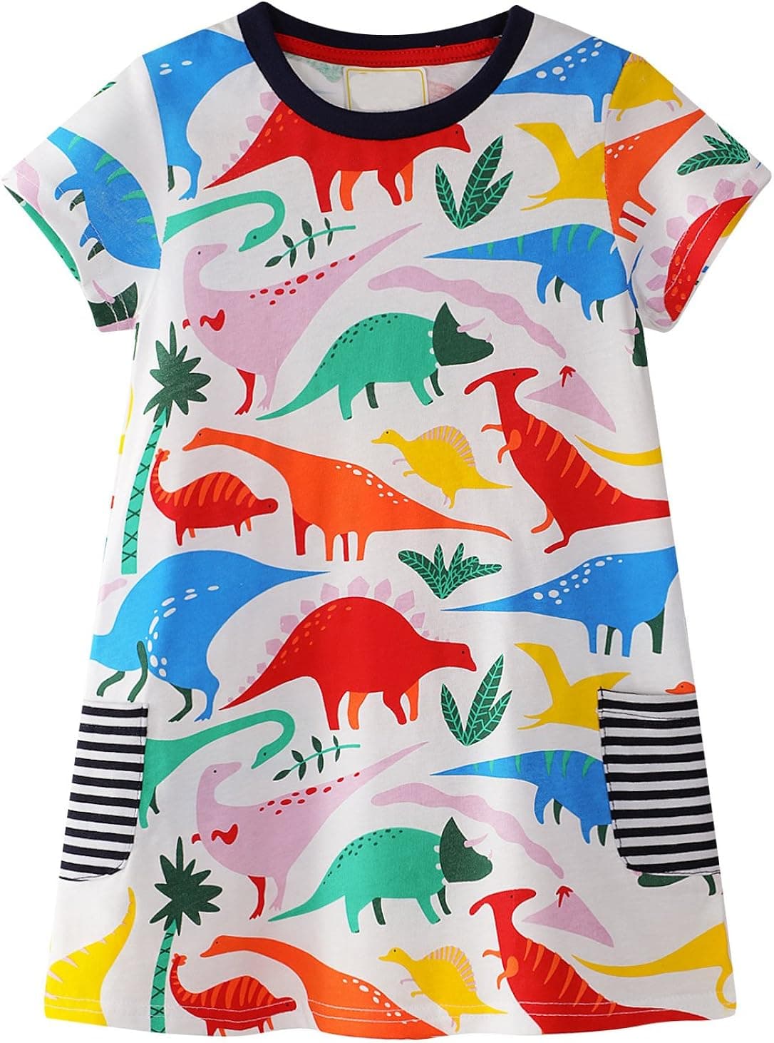 GSVIBK Little Girls Cotton Dress Kid Short Sleeve Cartoon Dress Baby Cute Dress Toddler Dinosaur Dresses