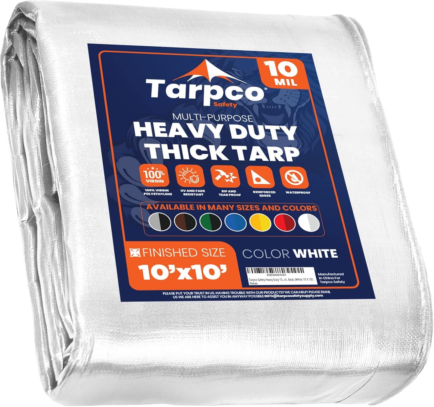 Tarpco Safety Heavy Duty 10 Mil Tarp Cover, Waterproof, UV Resistant, Rip and Tear Proof, Poly Tarpaulin with Reinforced Edges for Camping, Roof, Patio, Pool, Boat. (White 10′ X 10′)