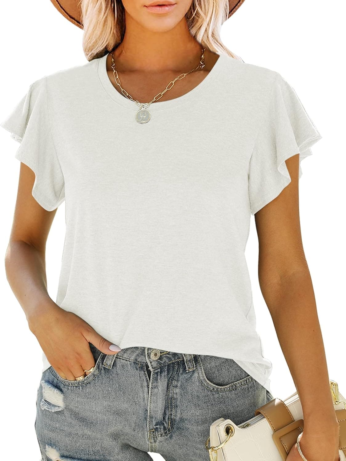 Summer Tops for Women Ruffle Sleeve Shirt Top Crew Neck Solid T Shirt Tunic Casual Cute Tops
