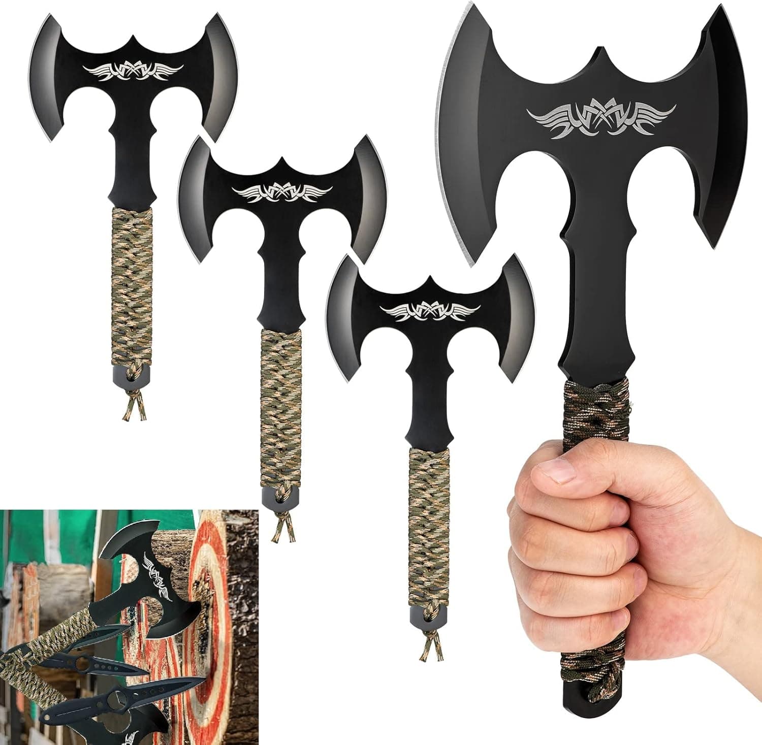 ZENHOSIT Throwing Axes with Double Bit, 12" Throwing Tomahawk w/ 4.13" Blade, Full Tang Stainless Steel Axe Set with Paracord Wrapped Handle & Nylon Sheath for Recreation and Competition, All Black