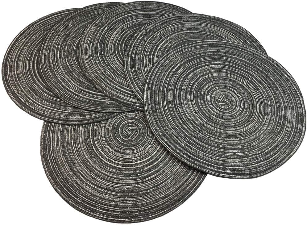 Red-A,Placemats,Round Placemats for Dining Table Set of 6 Woven Heat Resistant Non-Slip Kitchen Table Mats Diameter 14 Inch(Gray with Silver Silk)
