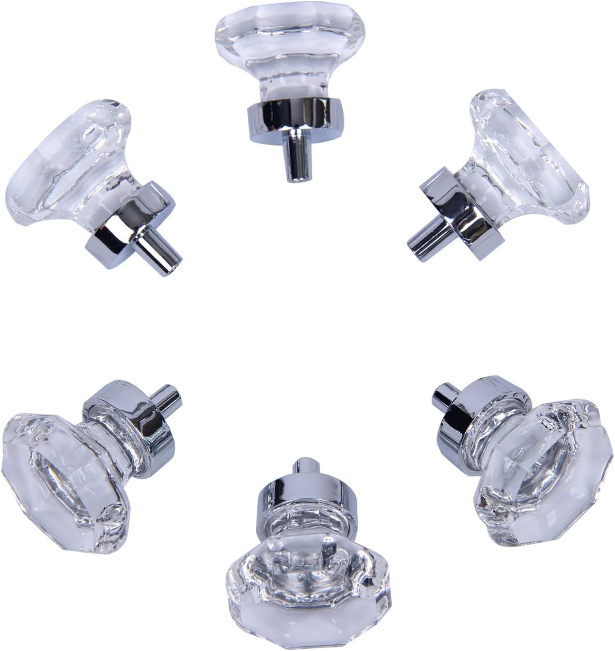 Signstek 6 Pack 1.25 Inch Cabinet Hardware Clear Glass Knob with Stain Nickel Base