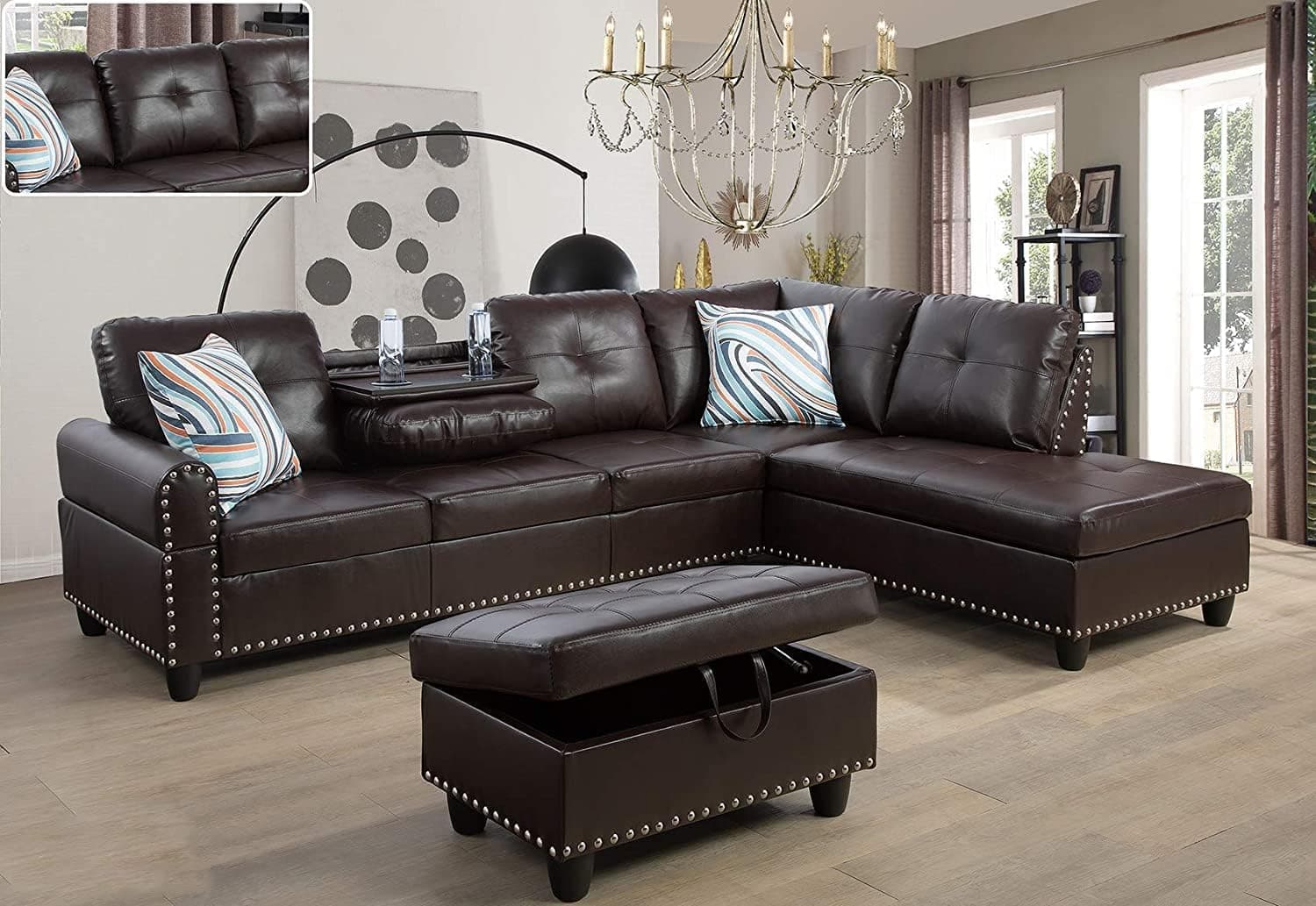 Golden Furniture Living Room Sectional Set, Leather Sectional Sofa in Home, with Storage Ottoman and Matching Pillows (Brown, Right Hand Facing)