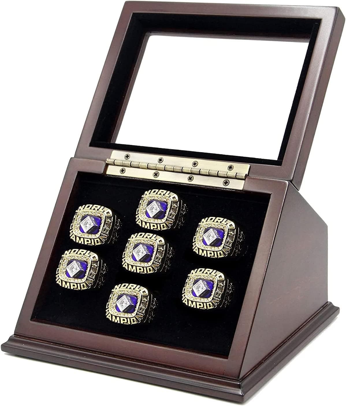Wooden Display case Shadow Box for Sports Championship Rings from 1 Slot to 7 Slots with Glass Window - Rings are Not Included
