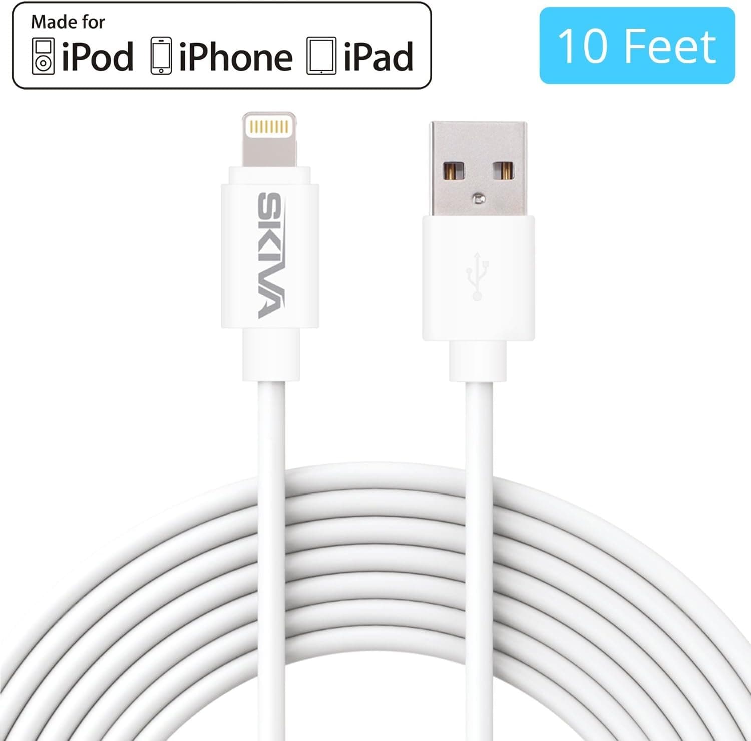 Skiva USBLink (10 ft / 3m) Sync and Charge 8-pin Cable for iPhone 11 Pro Max, Xs Max Xr X 8 8+, iPad Pro Air Mini, iPad 6th gen, iPod Nano 7th gen, iPod Touch 6th 5th gen & More [Model:CB102]