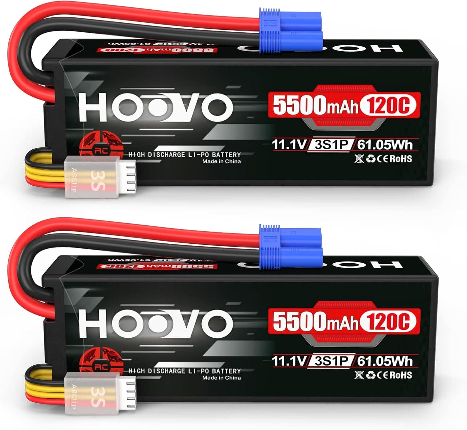 HOOVO 3S 11.1V Lipo Battery 5500mAh 120C RC Battery Hardcase with EC5 Connector for RC Car Truggy Boat Truck Racing Models 2 Packs