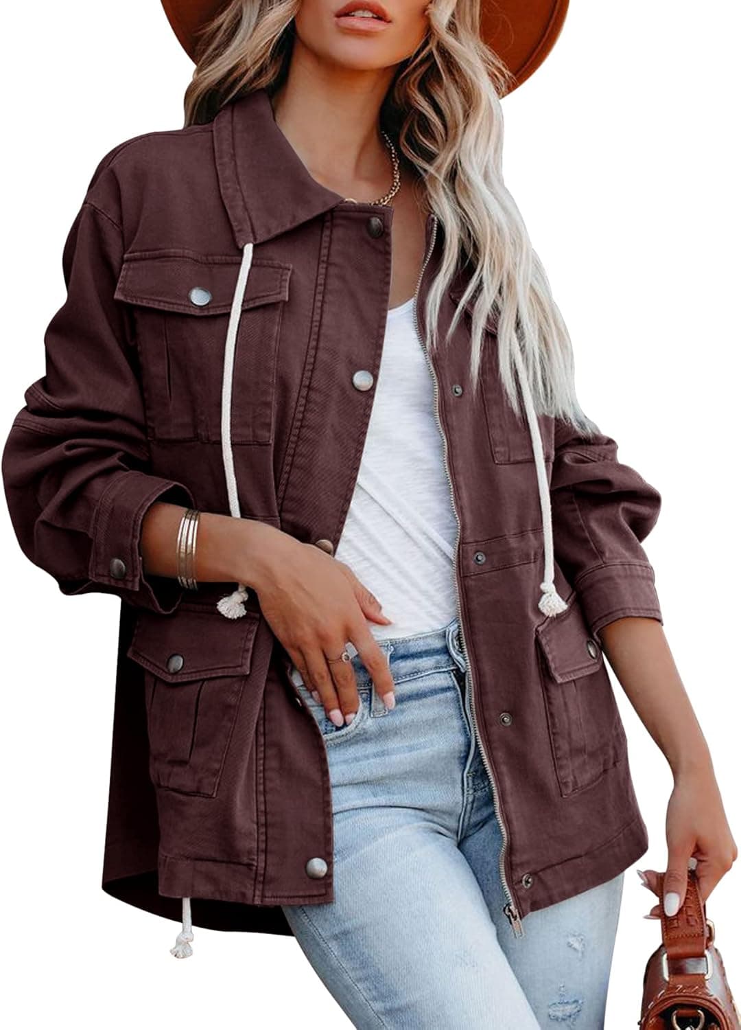 Women's Military Anorak Jacket Zip Up Snap Buttons Lightweight Safari Utility Coat Outwear With Pockets
