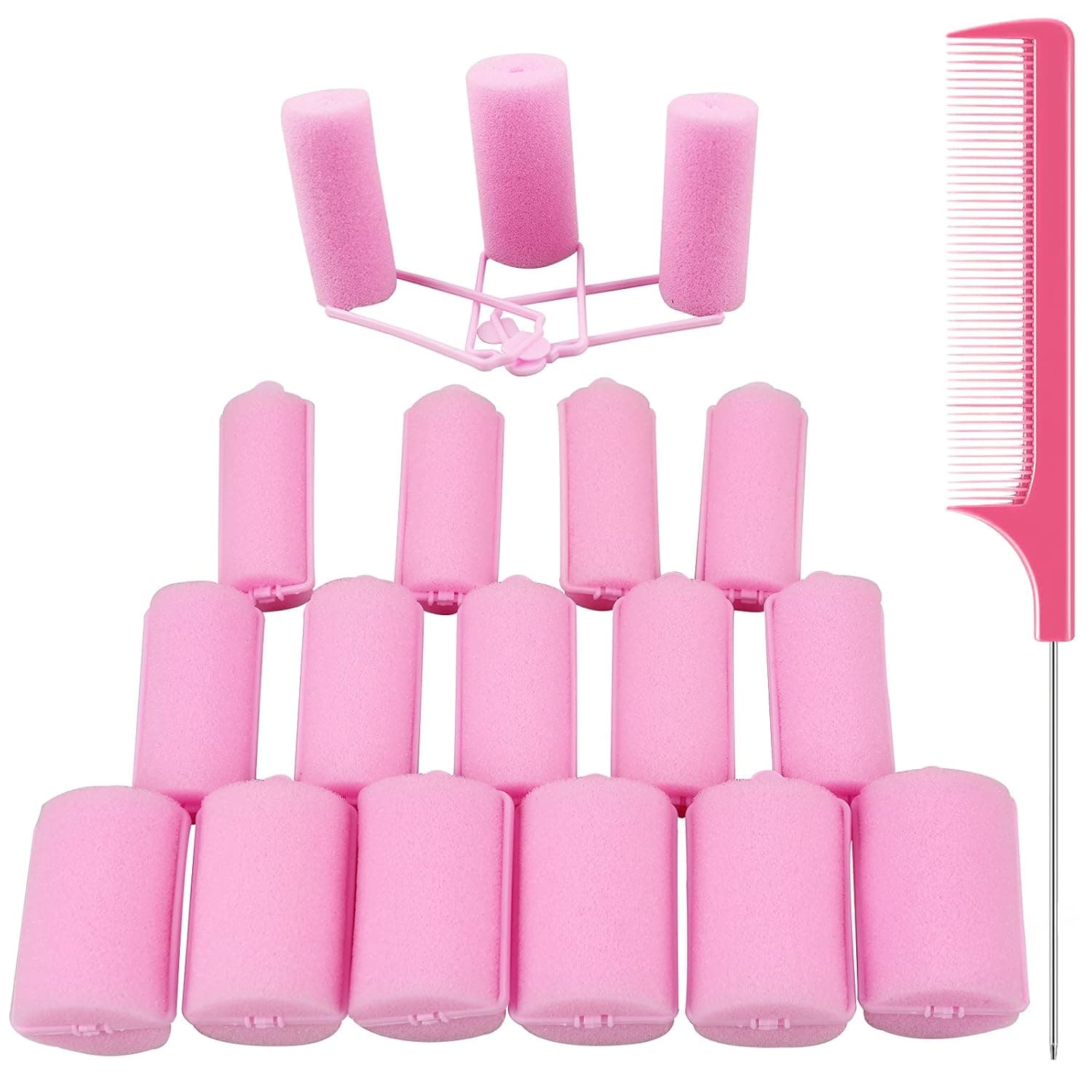 18 Pieces Pink Foam Sponge Hair Rollers Soft Sleeping Hair Curler 3 Sizes Flexible Hair Styling Sponge Curler with Stainless Steel Rat Tail Comb for Hair Styling