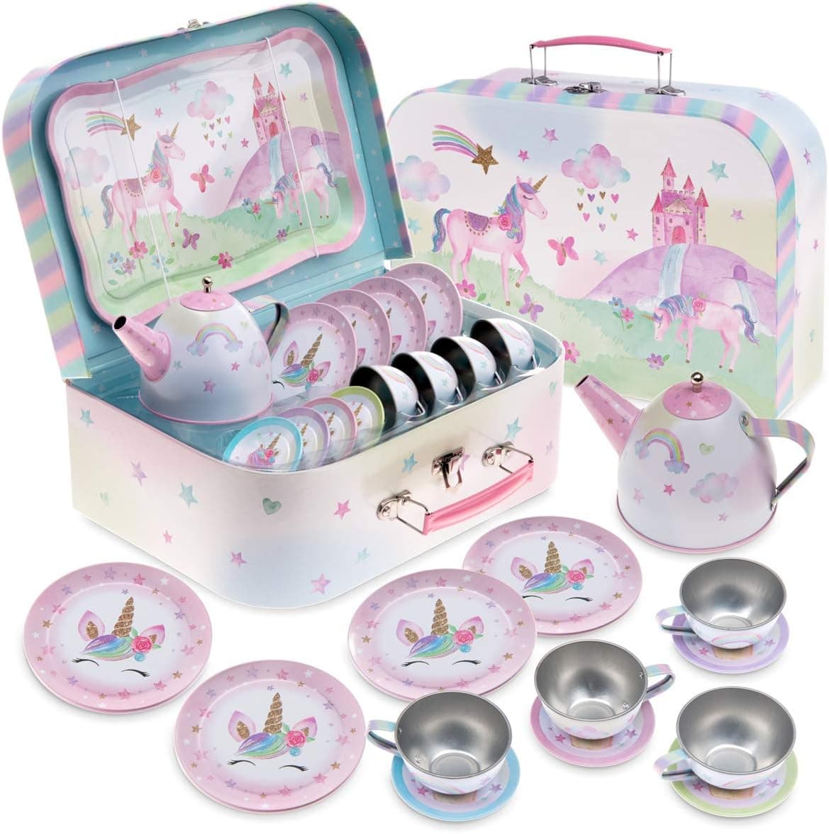 Jewelkeeper 15 Piece Kids Pretend Toy Tin Tea Set & Carrying Case - Party Unicorn Design