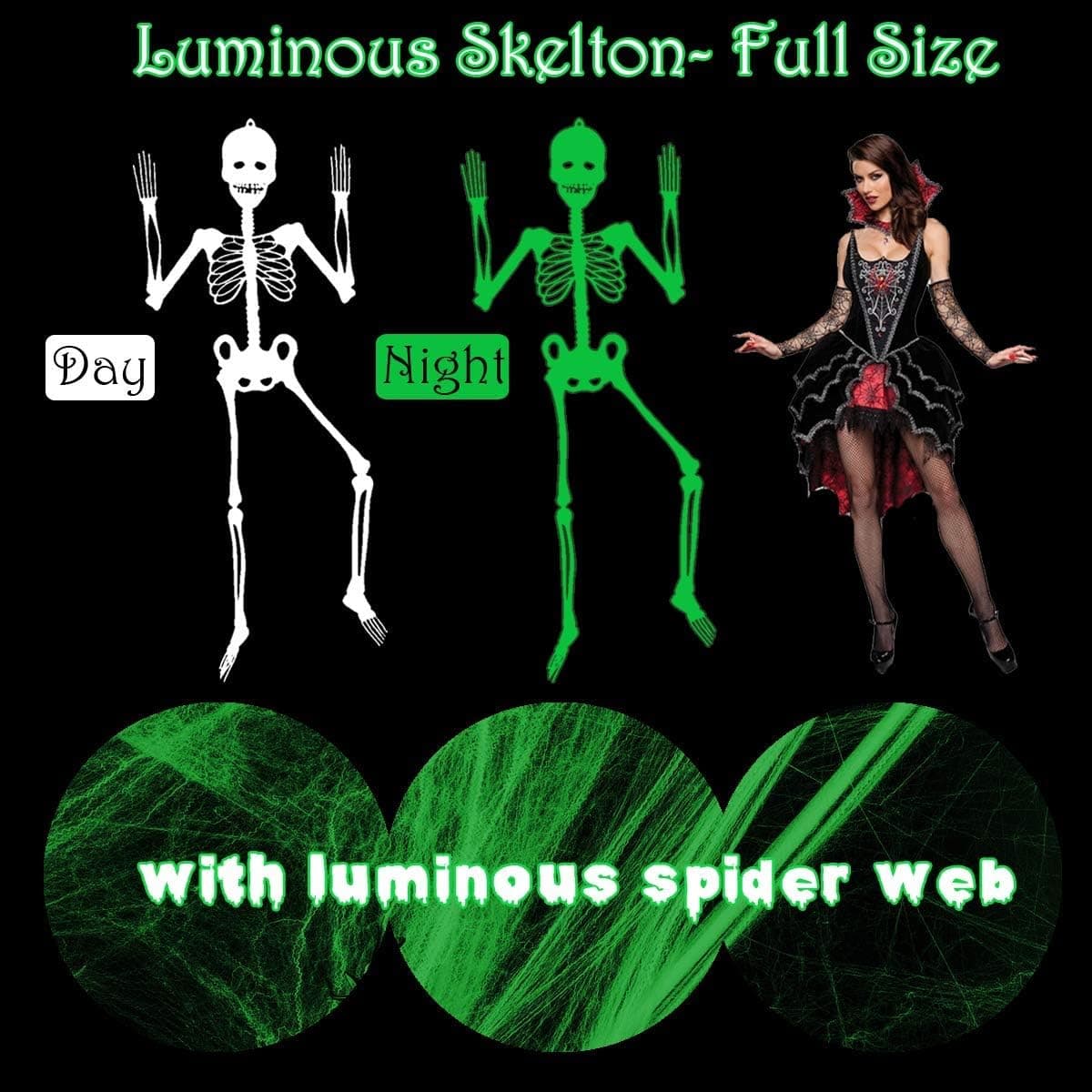 Halloween Hanging Luminous Skeleton Decorations, Full Body Glow-in-The-Dark Skeleton and Spider Web with 4 Spiders for Halloween Party Bar Wall Sticker Decorations Outdoor Hanging Ornaments Props