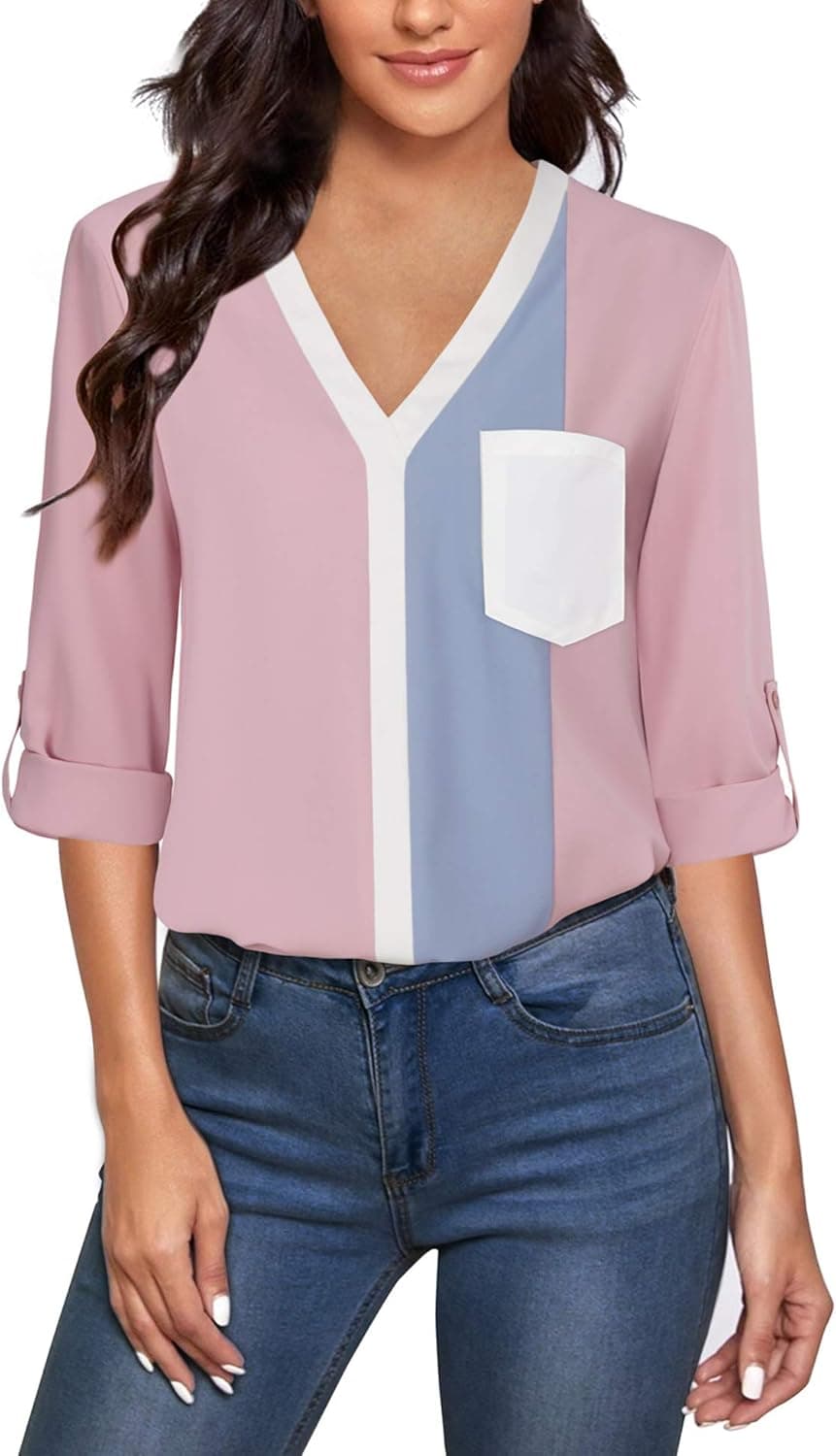 Youtalia Women Blouses and Tops Fashion, Ladies Tops Long Roll up Sleeves Work Shirt Pleated V Neck Tunic Chiffon Blouse Tunic Shirts for Leggings Pink Large