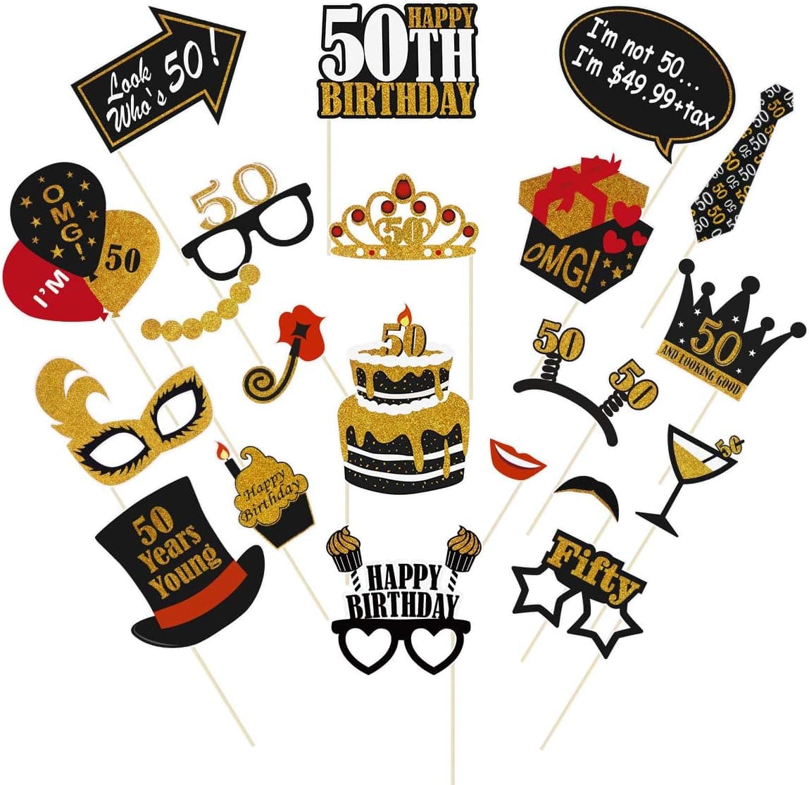 Amosfun 21PCS 50th Birthday Photo Booth Props Glitter Birthday Party Props Black and Gold 50th Birthday Themed Party Decorations, Celebration 50th Birthday Party Favors Supplies