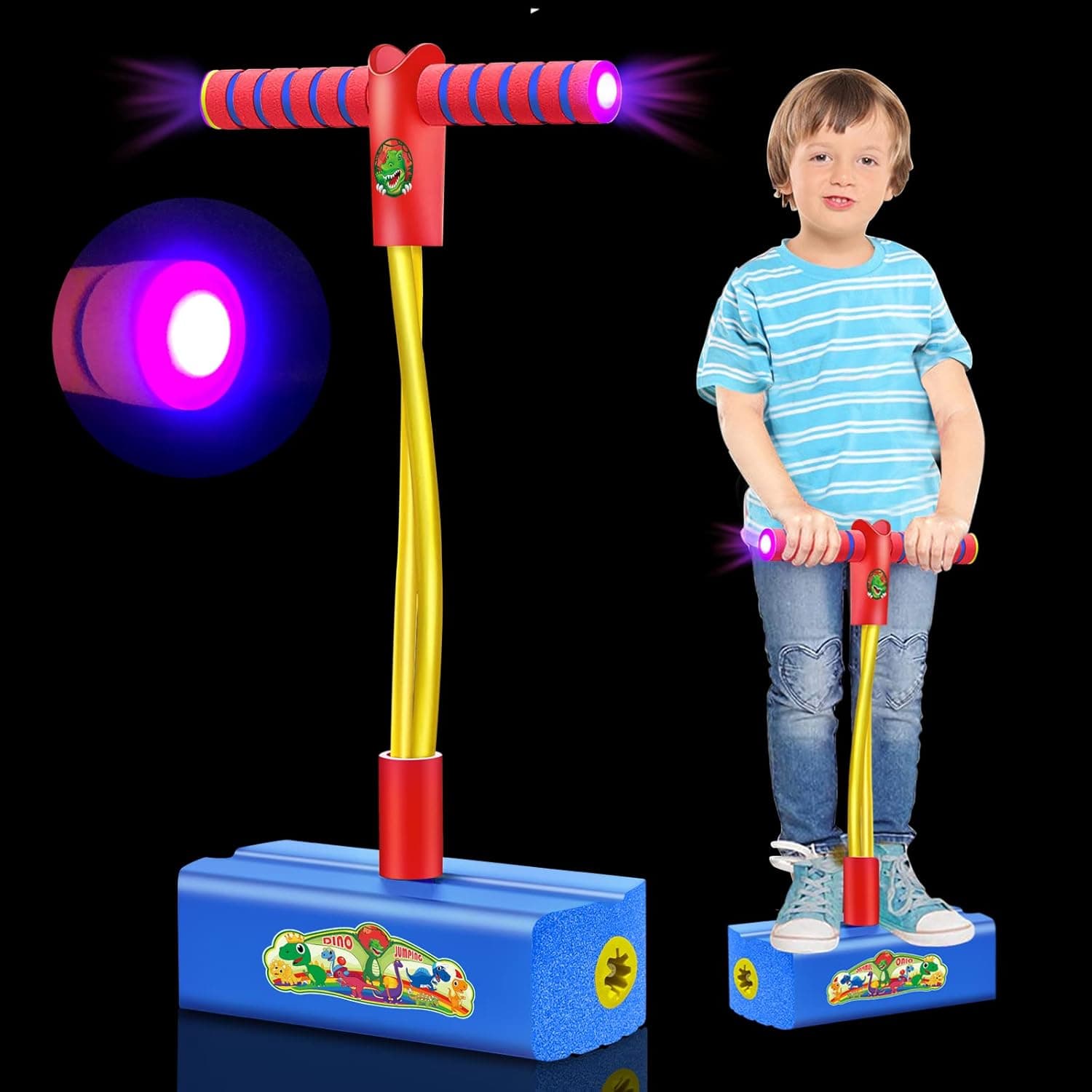 Ynanimery Foam Pogo Jumper for Kids 3 4 5 6 7 Years Old Boys Girls- Dinosaurs & Unicorn Theme and Lights Up Stick, Birthday for Toddlers Boys Girls Toys-Blue