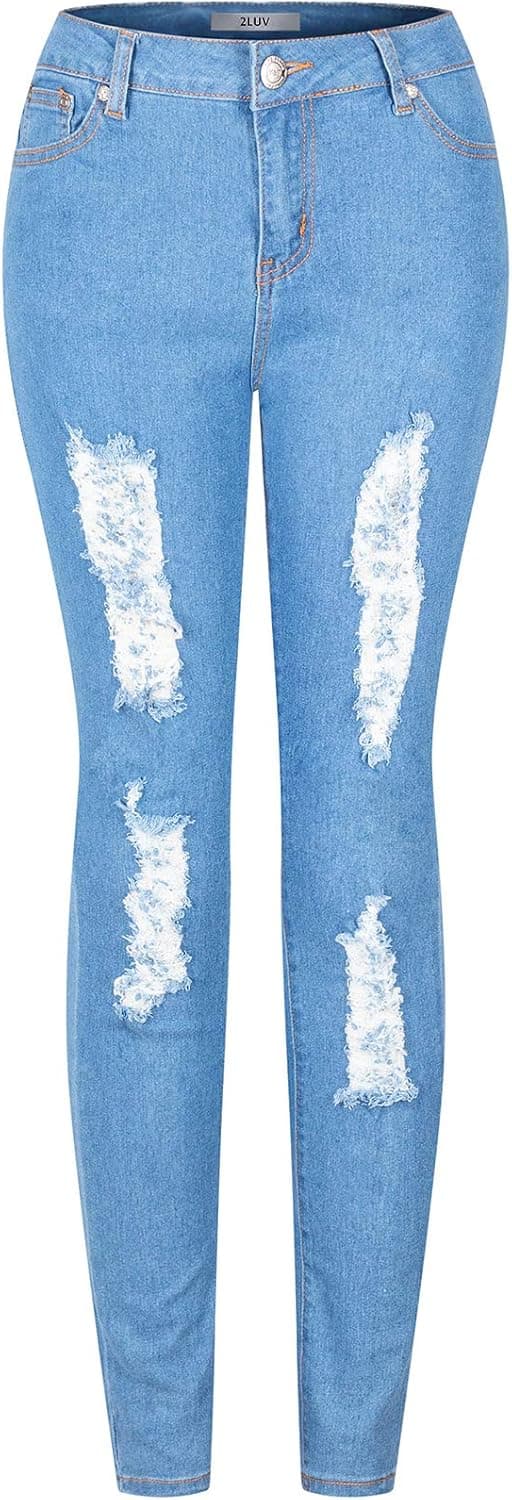 BodiLove Women's Stretchy 5 Pocket Skinny Distressed Denim Jeans