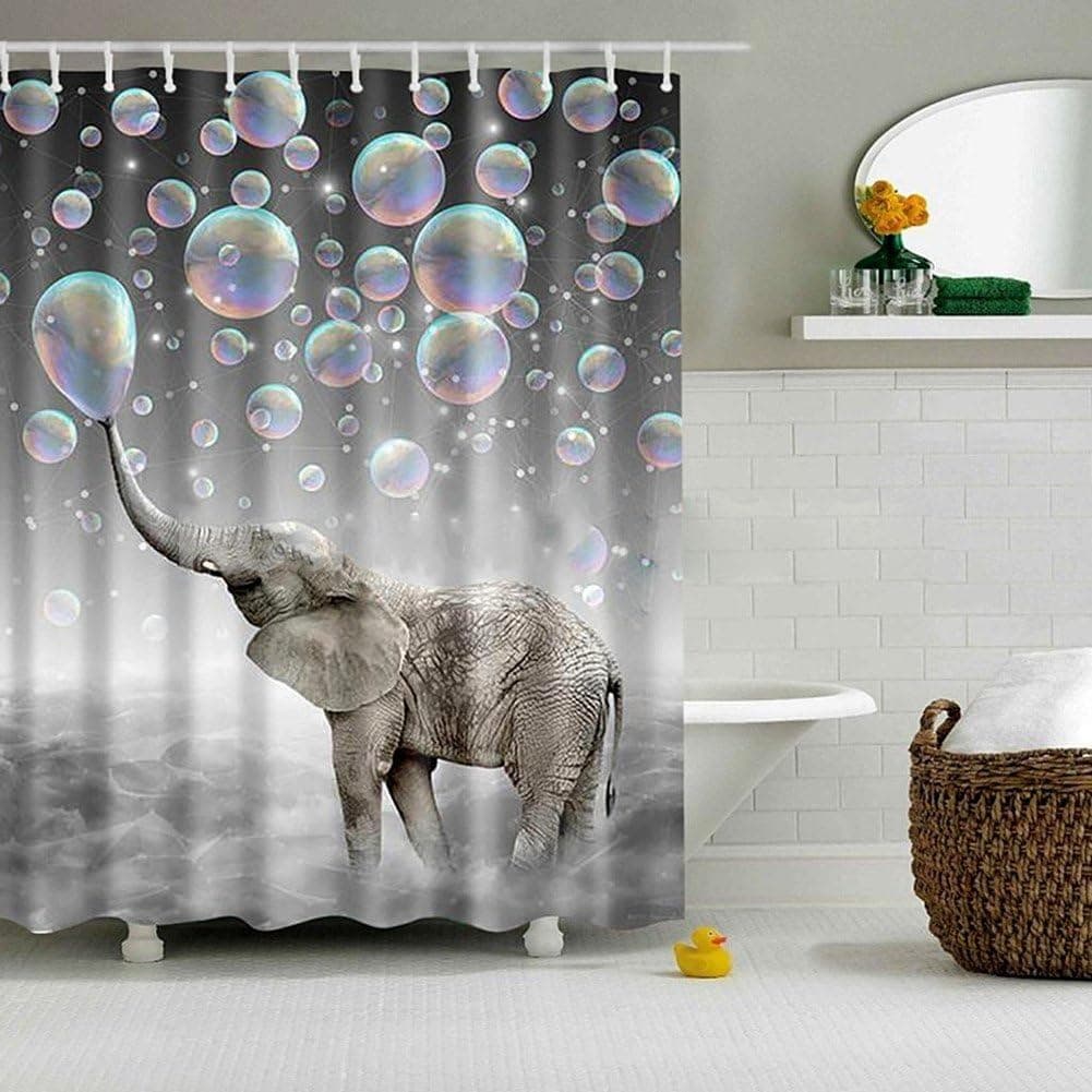 Jineams Air Bubbles Elephant Shower Curtains Art Deco Polyester Fabric Bath & Shower Curtain Set Hook, 72 inches Extra Long