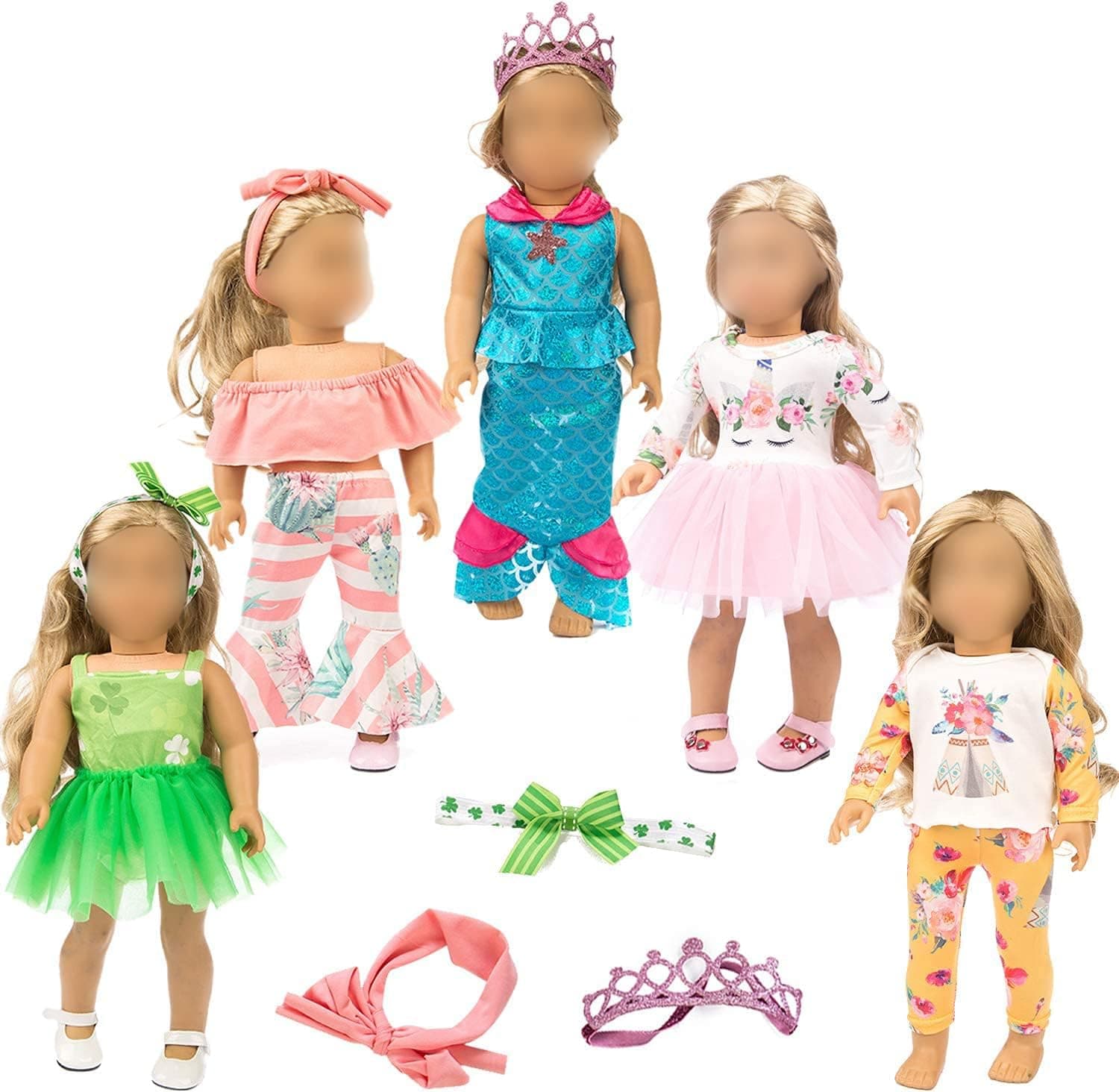 ZITA ELEMENT Fashion 5 Sets American 18 Girl Doll Clothes Dress Outfits 18 Inch Doll Clothes and Accessoties - Unicorn Mermaid Doll Clothes Off Shoulder Pajamas Tutu Dress with Hairbands and Crown