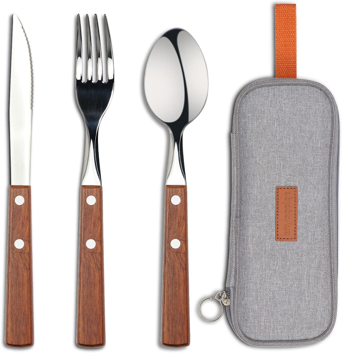 Anyagolgo Portable Travel Utensils Set with Case Tableware Stainless Steel 3pcs Steak Knife Fork Spoon Carrying Case Easy Carrying Cleaning Reusable Flatware Camping Utensil Set (Wooden color Handle)