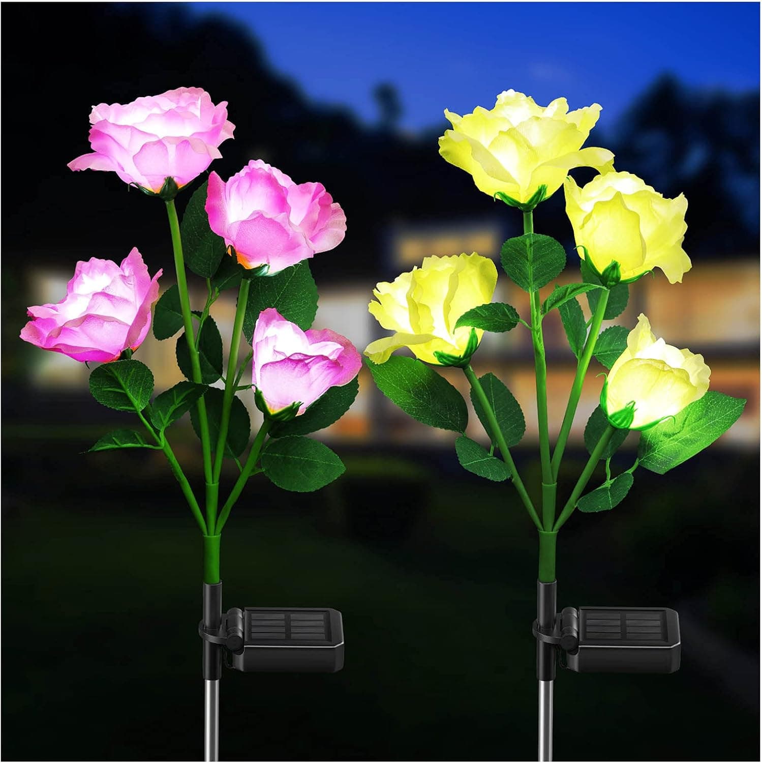 KOOPER Solar Lights Outdoor Decorative,2PACK Solar Lights with 8 Rose Flowers Lights, Waterproof Solar Powered Outdoor Garden Lights Landscape Decor for Garden Yard Patio (Yellow,Pink)