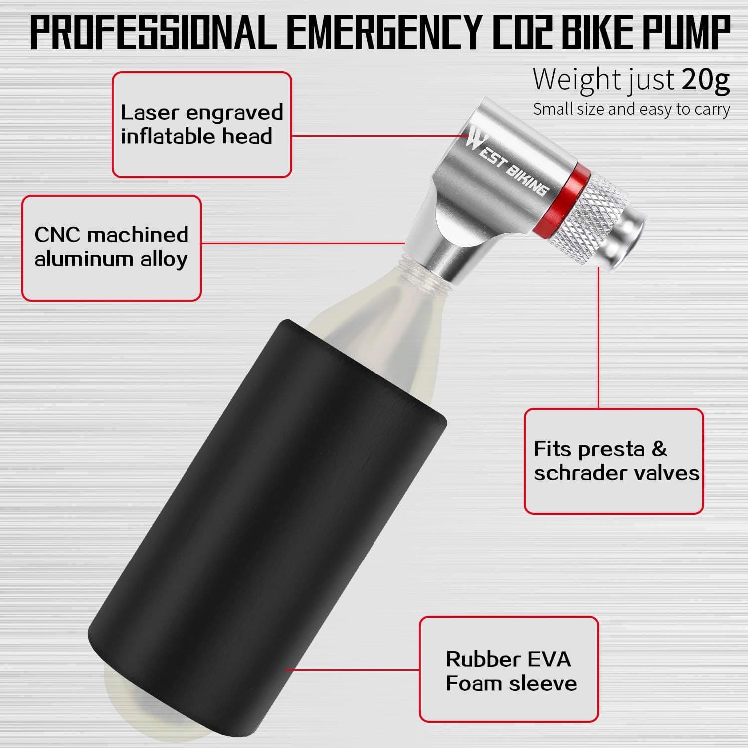 West Biking CO2 Inflator Bike Tire Pump, Easy Screw-On Design | Fits Presta & Schrader, Bicycle Mini Hand Pump with Insulated Sleeve for Road Mountain Bikes -CO2 Bike Cartridge NOT Included