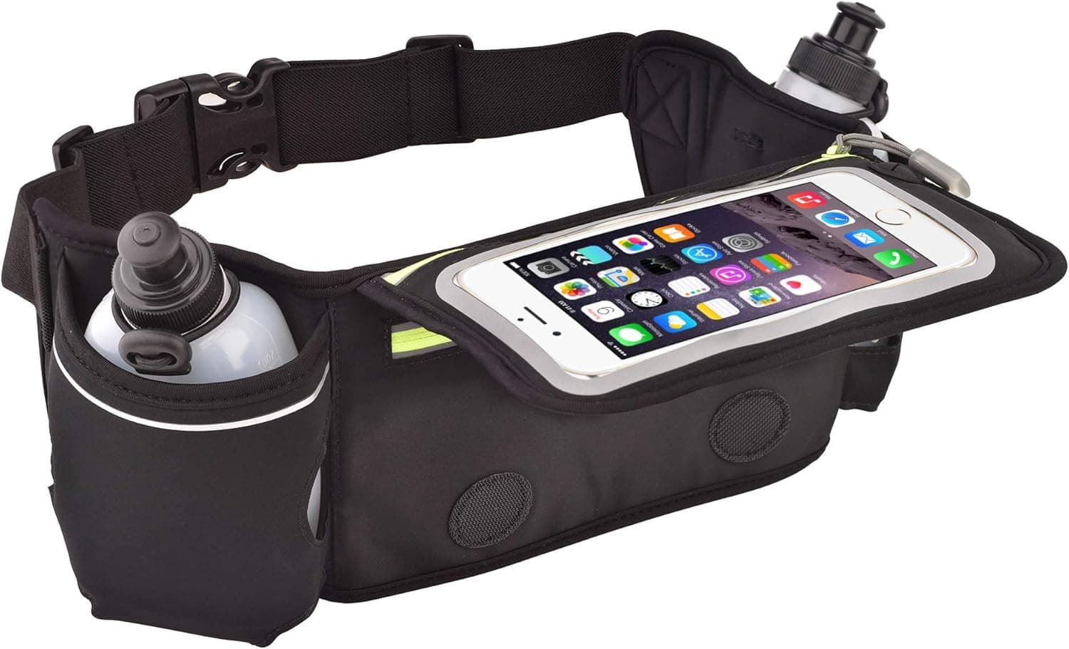 UNISEX HYDRATION WAIST BELT for Running Hiking Climbing Cycling and Traveling. SLIM front Pocket with TOUCHSCREEN Cover can fit Phones up to 6.5 inches even with case. Additional pocket for keys masks credit cards etc. Two BPA-FREE Reusable Water Bottles Belt. Equipped with advance RFID Blocking technology protecting both your body and your credit cards