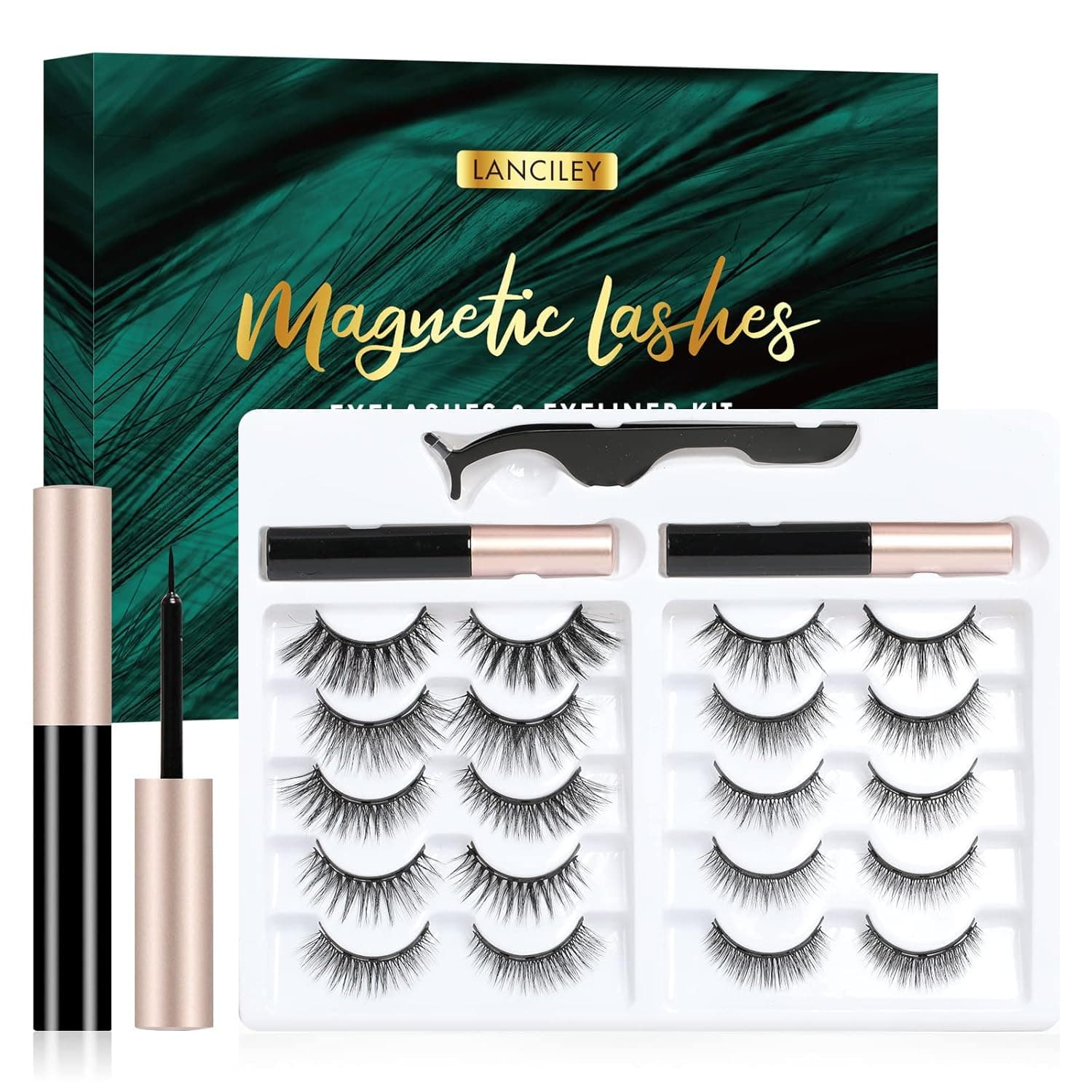 Lanciley Magnetic Lashes with Eyeliner Kit 10 Pairs Reusable 3D Magnetic Eyelashes Natural Look Waterproof Eyeliner False Eye Lashes for Makeup Eyelash Extension with Applicator No Glue Need