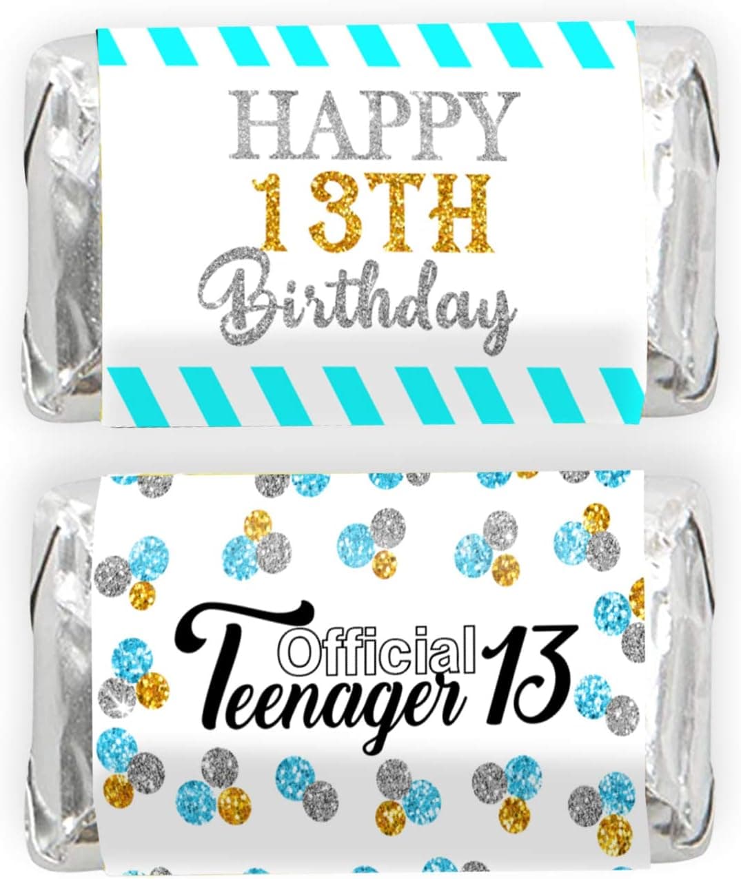 Happy 13th Birthday Mini Candy Bar Wrapper Stickers - 13 Official Teenager Birthday Party Small Favors - 45 Stickers