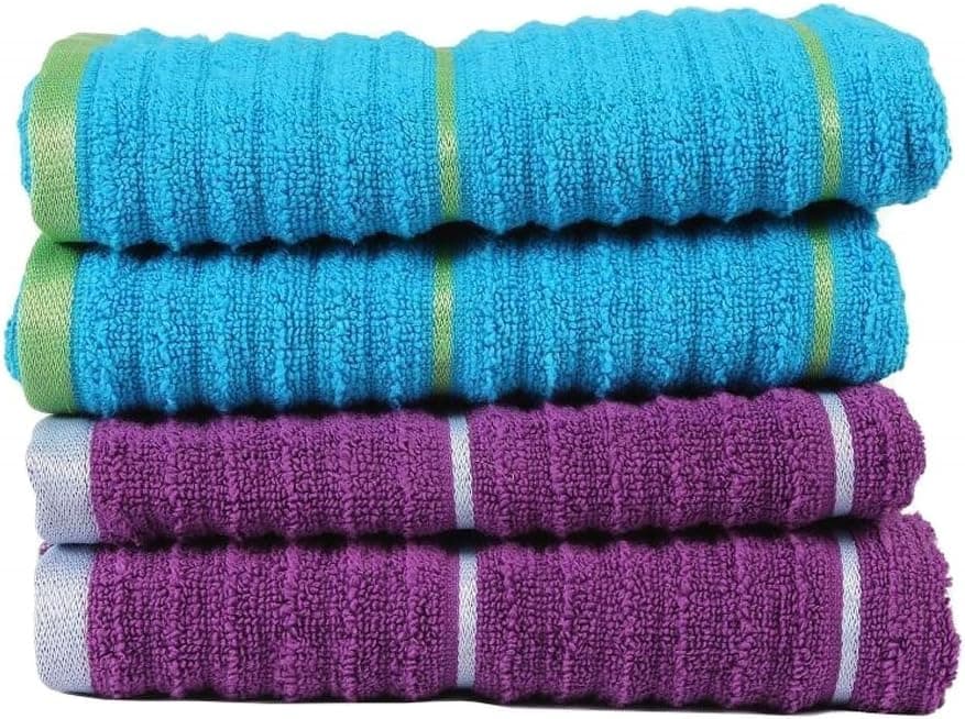 CASA COPENHAGEN Linea Ribbed Zero Twist Cotton 4-Pieces Hand Towels Combo, Sparkling Grape & Hwain Ocean