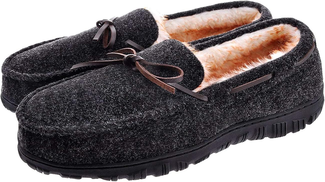 festooning Mens Microsuede Moccasin House Slippers Black Furry 13 M US