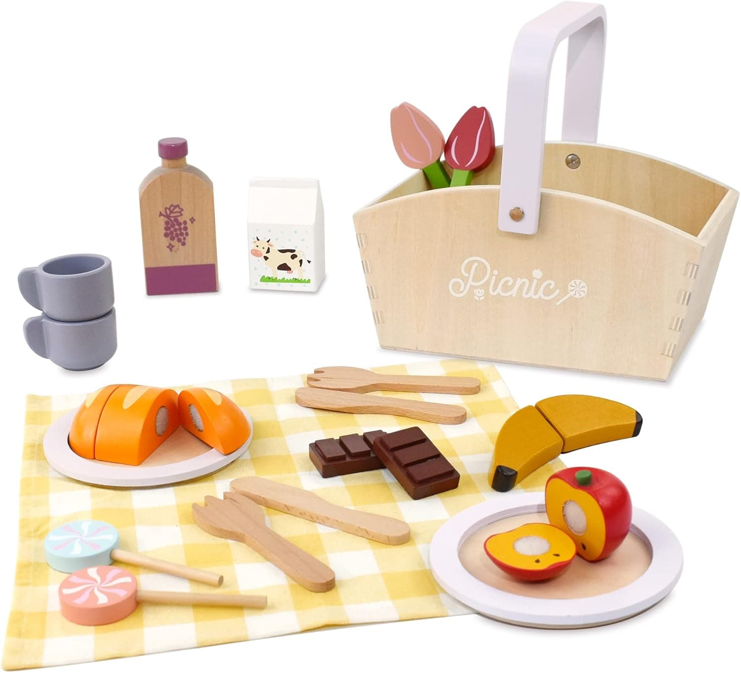 Pillowhale Wooden Picnic Basket Playset Toy,Pretend Play Food Sharing Playset with Cutting Fruits, Kids Imagination Play for Girls Boys Toddlers 3 Years Old and Up