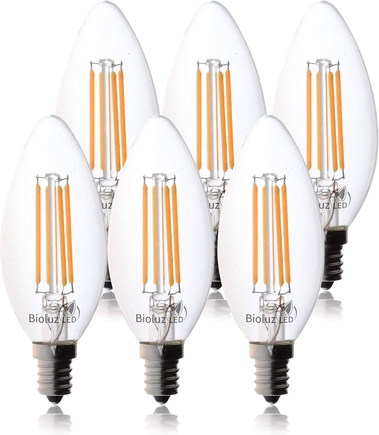 Bioluz LED 92 CRI E12 LED Candelabra Bulbs 60 Watt (5.5W) Soft White 3000K Clear LED Filamament Candle Bulb Dimmable UL Listed Title 20 6-Pack