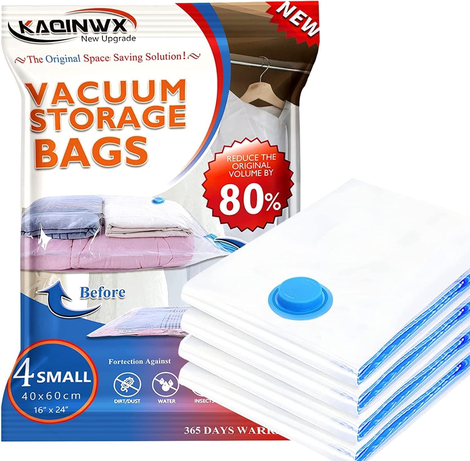 Vacuum Storage Bags 4 Pack (Small), 16"x 24" Compression Storage Bags with Double-Zip Seal and Triple Seal Valve, 80% More Space Saver Bags for Clothes-Warranty 2 Years