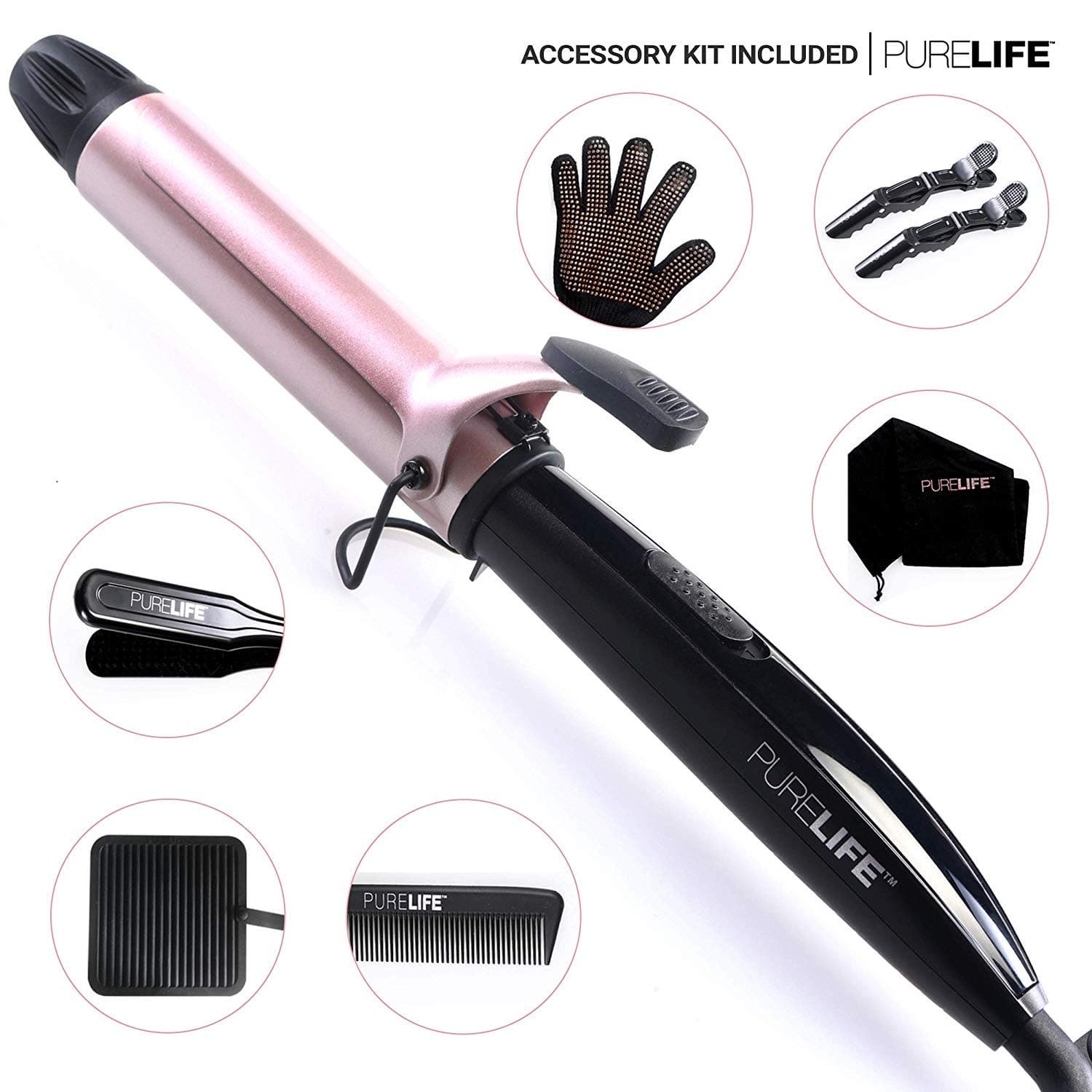 PureLife Curling Iron | 1.3 Inch Professional Tourmaline, Ceramic & Titanium Wand | 8 Pc Set: Hair Brush, Heat Resistant Glove, Silicone Mat, 2 Hair Clips, Tail Salon Comb & Travel Pouch