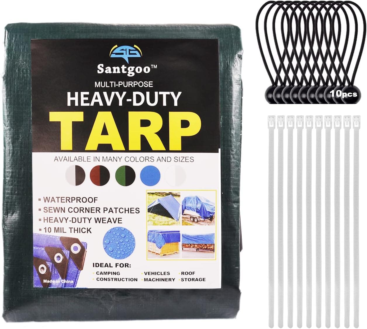 Heavy Duty Tarp 10 Mil Thick Poly Tarps Waterproof UV Blocking Multipurpose Protective Cover with Bungee Cords with Balls Roof Outdoor Weather Protection,Camping or Goods Cover,Green/Black,6’ x 8‘
