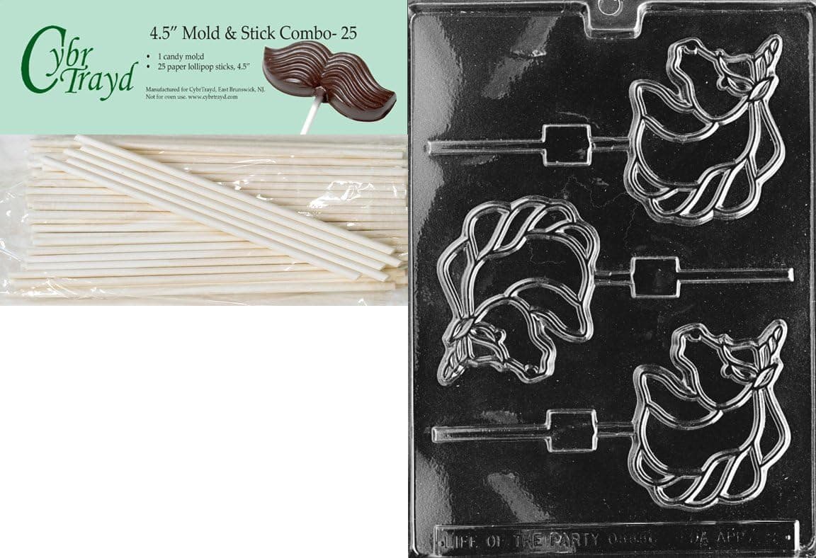 Cybrtrayd 45St25-A009 Unicorn Lolly Animal Chocolate Candy Mold with 25 4.5-Inch Lollipop Sticks