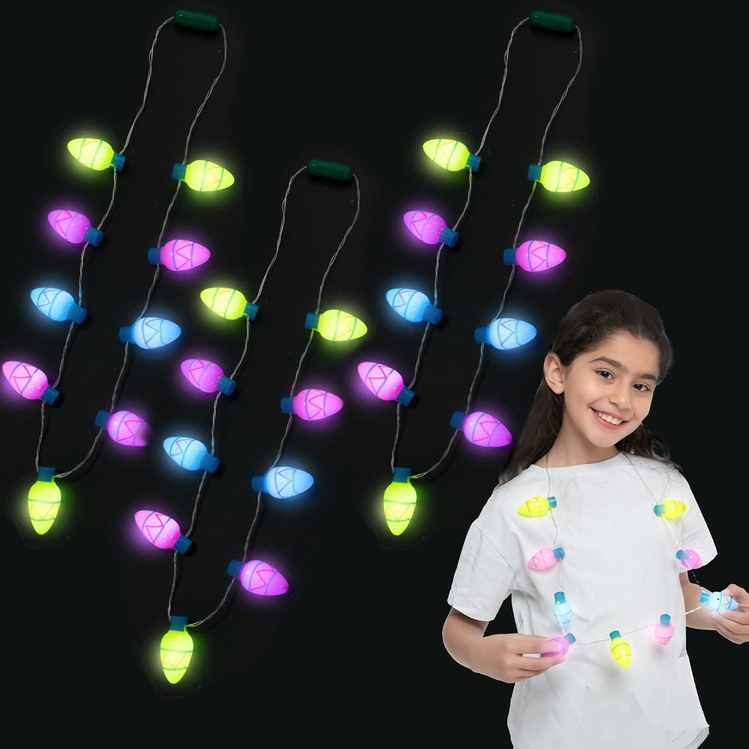 JOYIN 3 Pcs Easter Day Easter Egg Necklaces with 9 Bulbs Green Light Up Necklace Glow in The Dark Easter Party Accessories Light-up Easter Day Party Favor Supplies