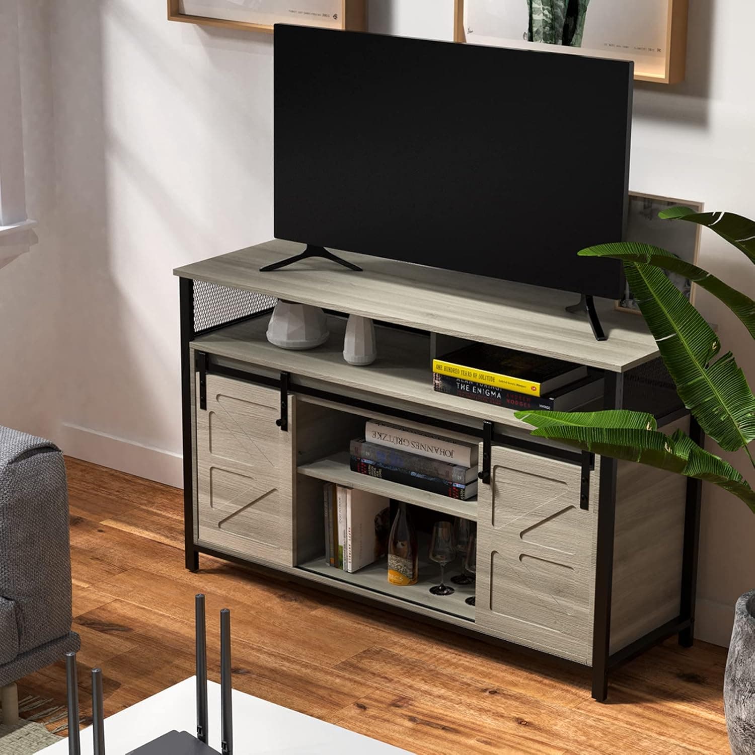 Houssem 50” Farmhouse Sliding Barn Door TV Stand for TV up to 55" Flat Screen Media Console Table Storage Cabinet Wood Entertainment Center, White Oak