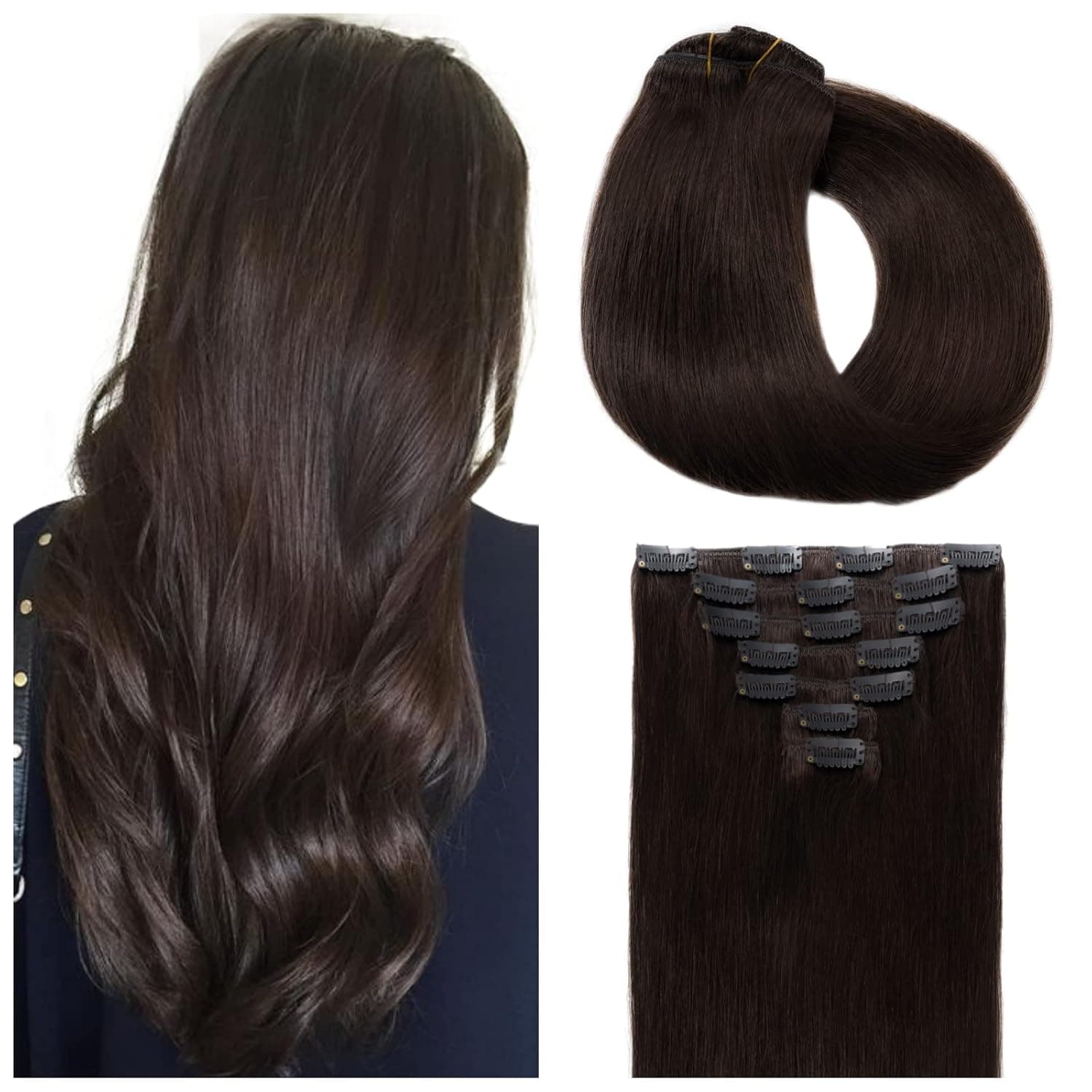 Charites 14 Inch Dark Brown Hair Extensions Clip in Human Hair 130g 7pcs Silky Straight Real Human Hair Double Weft Straight Human Hair Clip in Hair Extensions