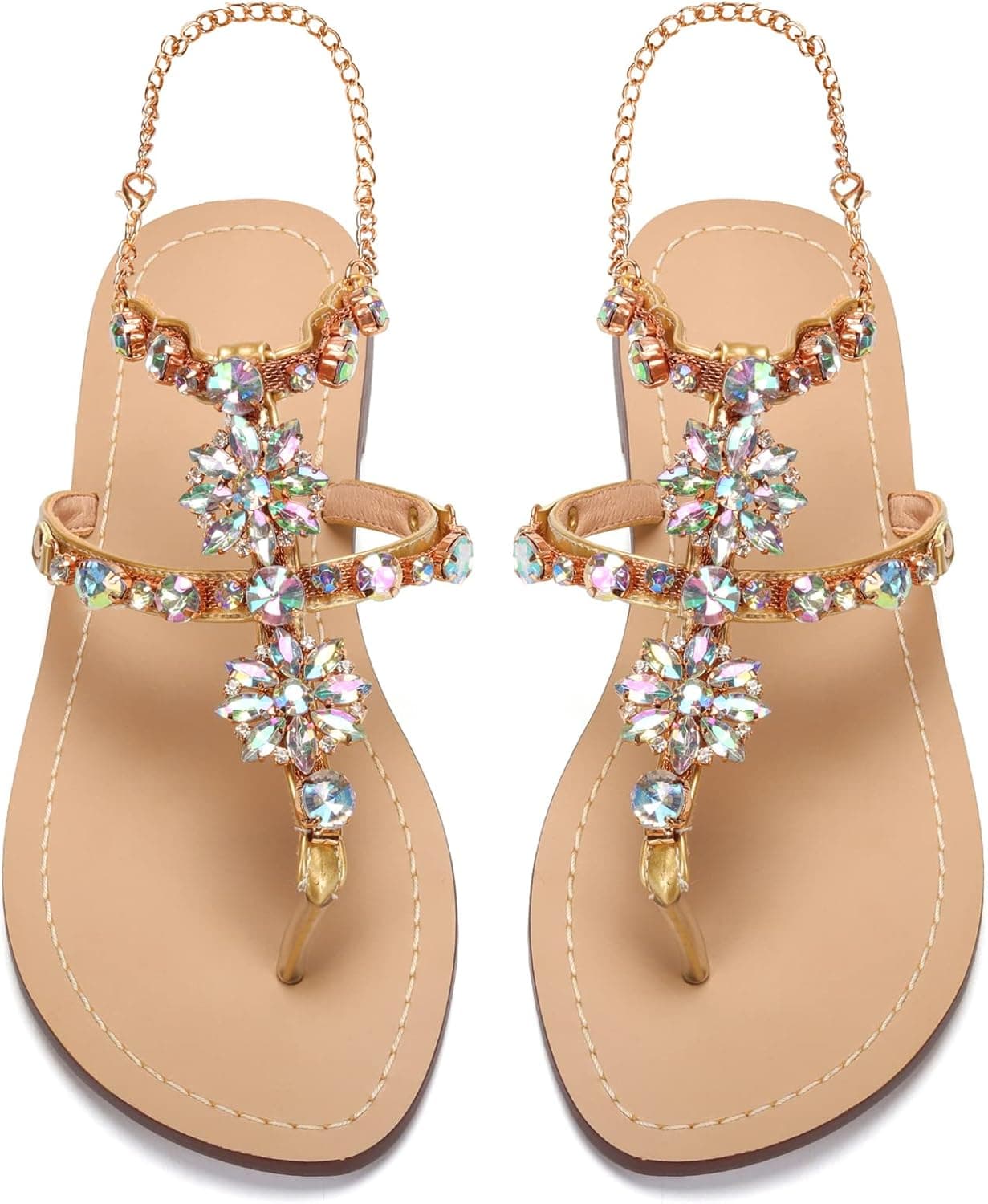 azmodo Women Bedazzled Bling Rhinestones Chains Thong Boho Beach Flat Bridal Crystal Gems Gladiator Summer Jewel Sandals for Wedding