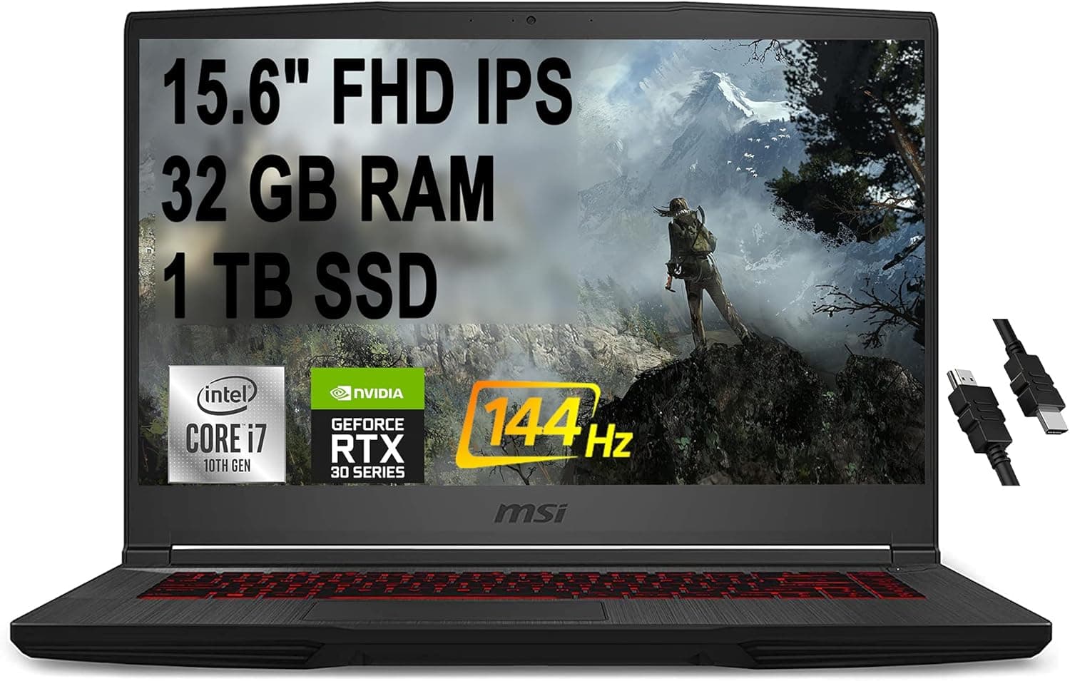 MSI GF65 Thin Gaming Laptop 15.6" FHD IPS 144Hz Display 10th Gen Intel Hexa-Core i7-10750H 32GB RAM 1TB SSD GeForce RTX 3060 6GB Backlit USB-C Win10 Black + HDMI Cable