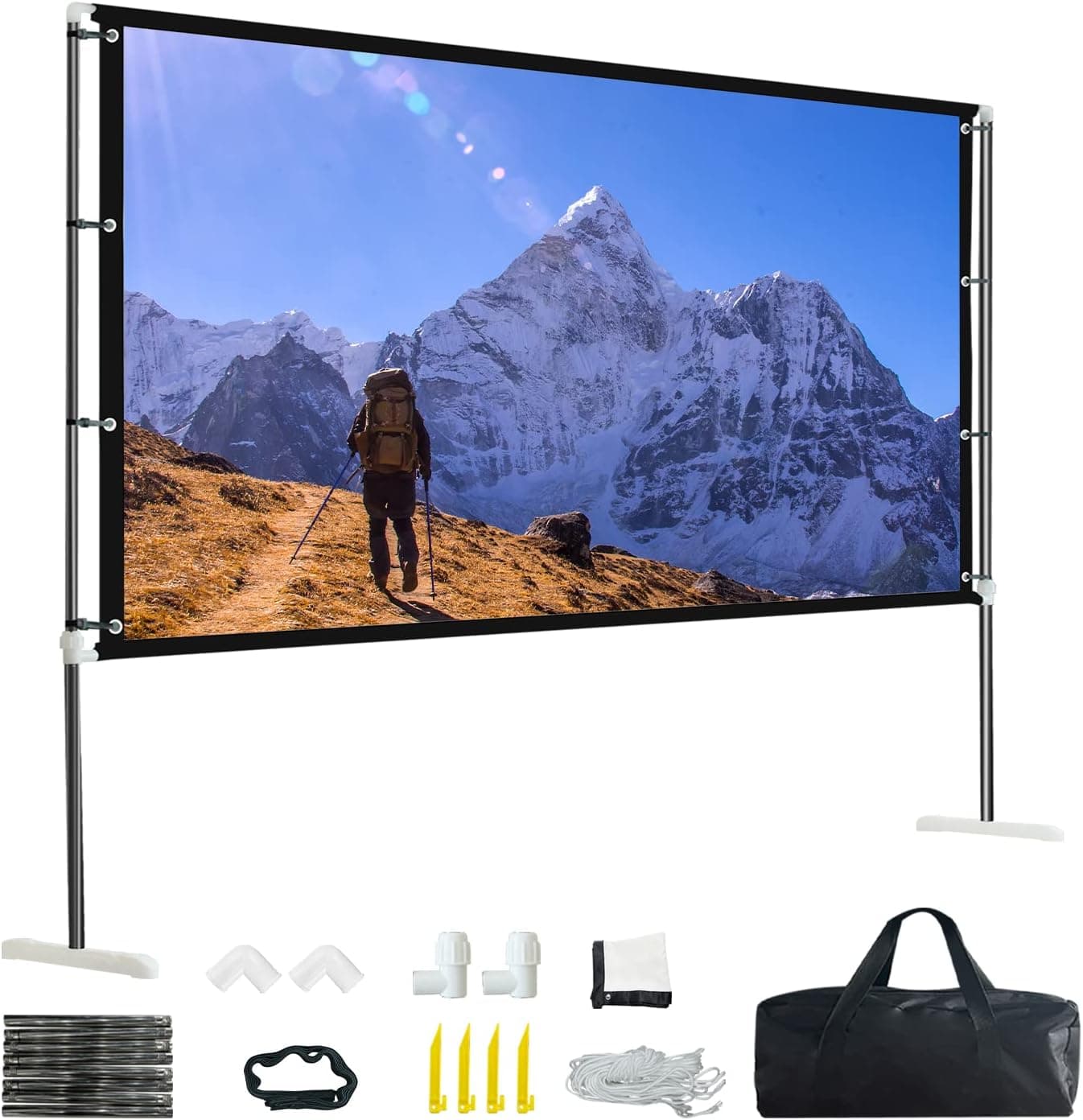 Projector Screen with Stand ,126 inch Portable 16:9 4K HD Outdoor Indoor Projection Screen for Home Theater, Wrinkle-Free Movie Screen with Stand Legs and Carry Bag, 122inch