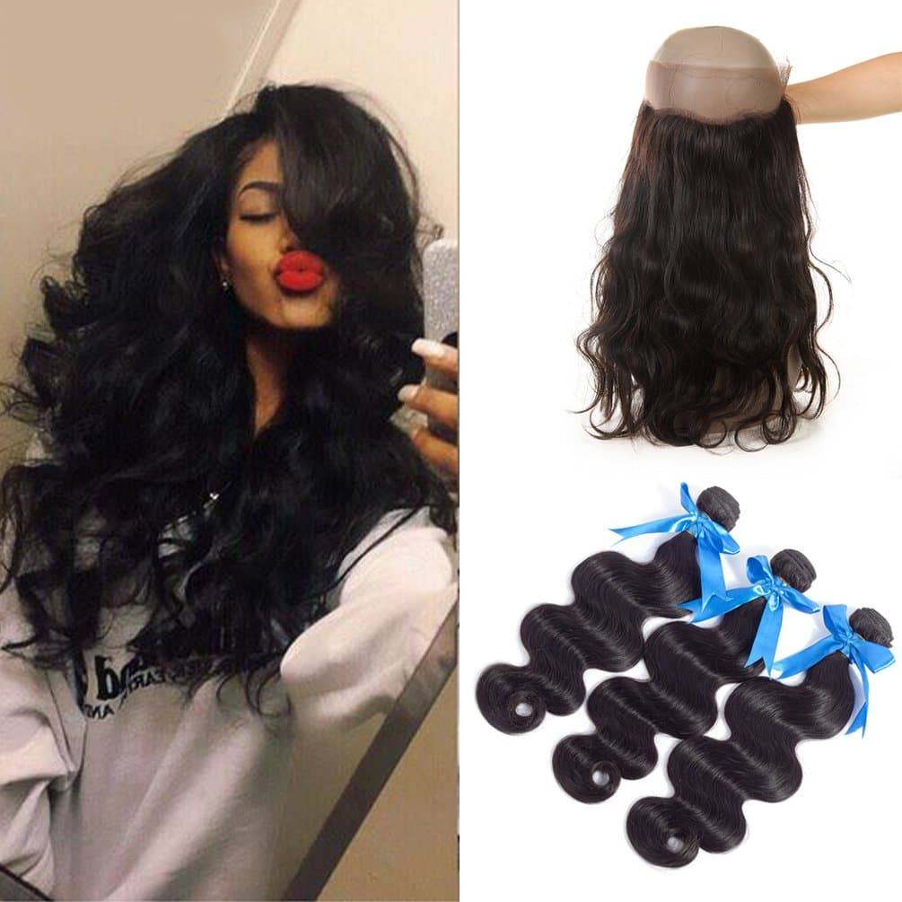 GEFINE hair 7A Grade Brazilian Virgin Human Hair Body Wave 3 Bundles With 360 Full Lace Band Frontals 22.5"x4"x2" Lace Band Frontal Closure With Baby Hair 18 20 22+16inch