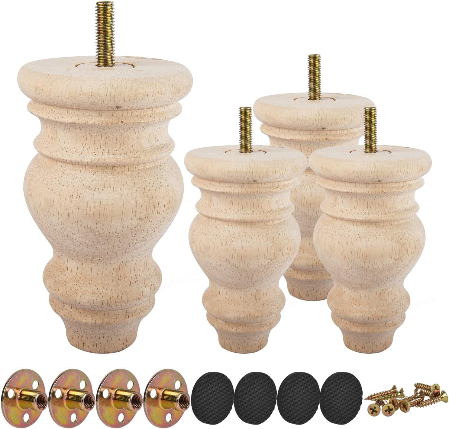 5 Inch Unfinished Wooden Furniture Legs,Tchosuz Solid Carved Bun Feet with 5/16 inch Bolt,Modern Mid-Century Sofa Couch Feet Furniture Replacement Legs for DIY Cabinet Cupboard Chair Ottoman Set of 4